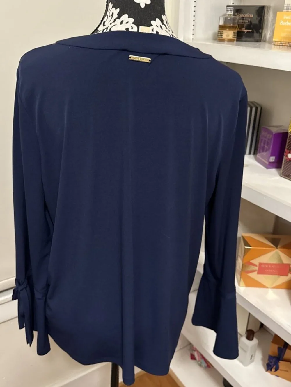 Michael Kors Women's Blouse with Gold Rings and Logo Bell Sleeves XL Navy blue